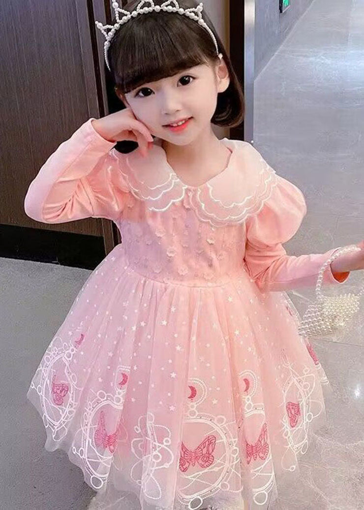 Style Pink Embroideried Patchwork Tulle Kids Long Dresses Long Sleeve