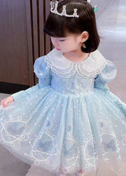 Style Pink Embroideried Patchwork Tulle Kids Long Dresses Long Sleeve