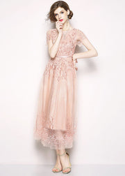 Style Pink Embroideried Tulle Long Dress Short Sleeve