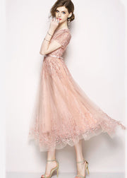 Style Pink Embroideried Tulle Long Dress Short Sleeve