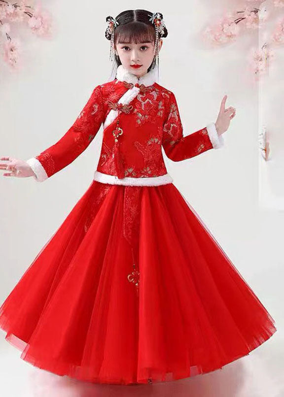 Style Pink Embroideried Warm Fleece Girls Coats And Tulle Maxi Skirts Two Pieces Set Long Sleeve