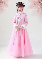 Style Pink Embroideried Warm Fleece Girls Coats And Tulle Maxi Skirts Two Pieces Set Long Sleeve