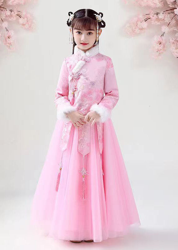 Style Pink Embroideried Warm Fleece Girls Coats And Tulle Maxi Skirts Two Pieces Set Long Sleeve