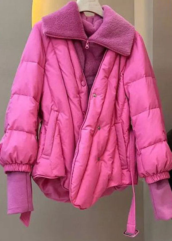 Style Pink Fur collar Patchwork Fine Cotton Filled Fake Two Piece Jacket In Winter