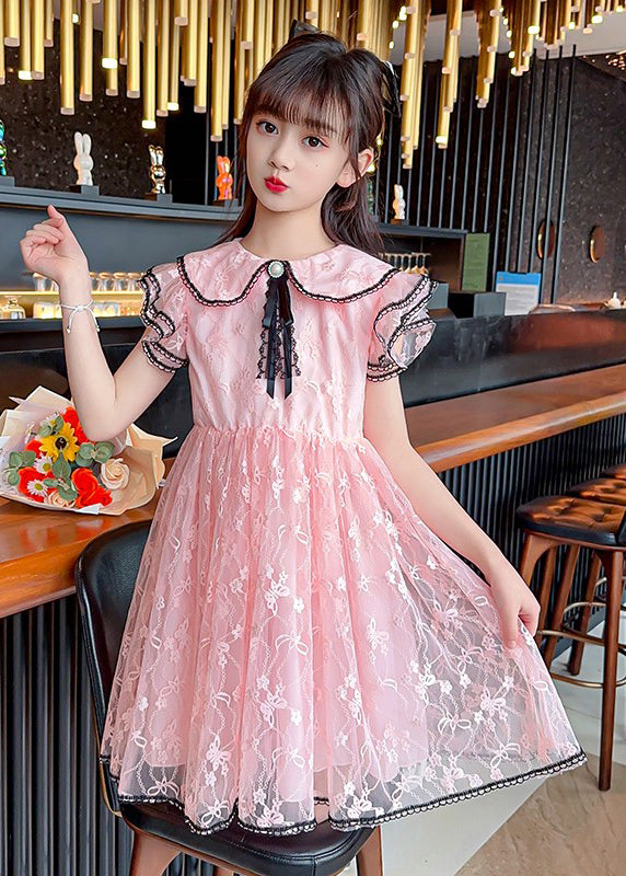 Style Pink O-Neck Bow Patchwork Tulle Kids Maxi Gowns Dress Summer