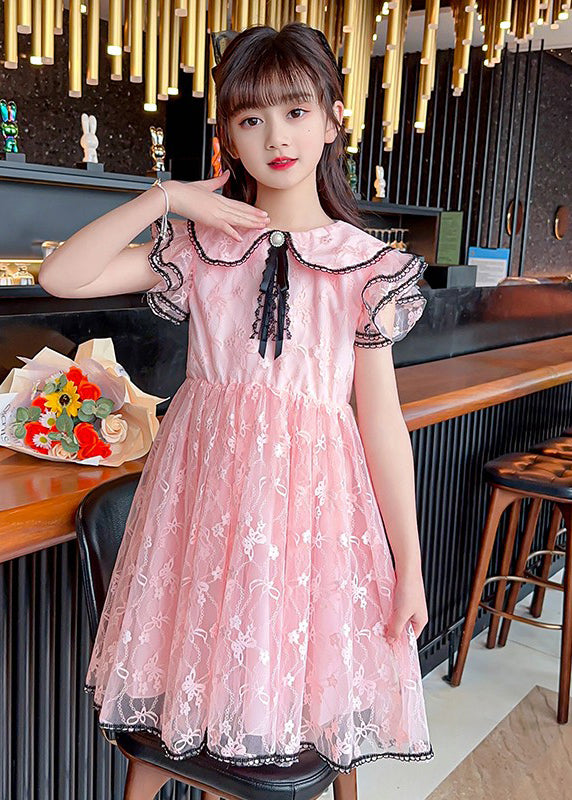 Style Pink O-Neck Bow Patchwork Tulle Kids Maxi Gowns Dress Summer