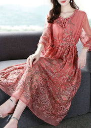 Style Pink O-Neck Cinched Embroideried Silk Maxi Dress Bracelet Sleeve