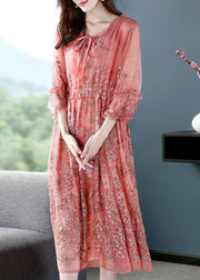 Style Pink O-Neck Cinched Embroideried Silk Maxi Dress Bracelet Sleeve