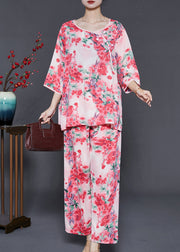 Style Pink Oversized Print Cotton Oriental Two Piece Set Summer