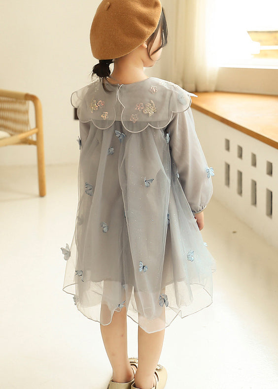 Style Pink Peter Pan Collar Butterfly Patchwork Tulle Baby Girls Dress Fall