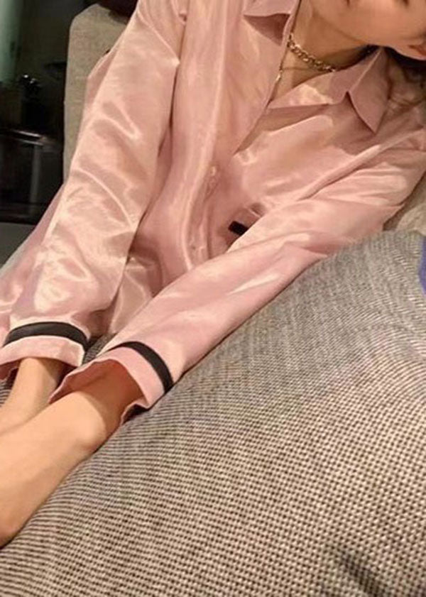 Style Pink Peter Pan Collar Patchwork Ice Silk Pajamas Two Piece Set Spring