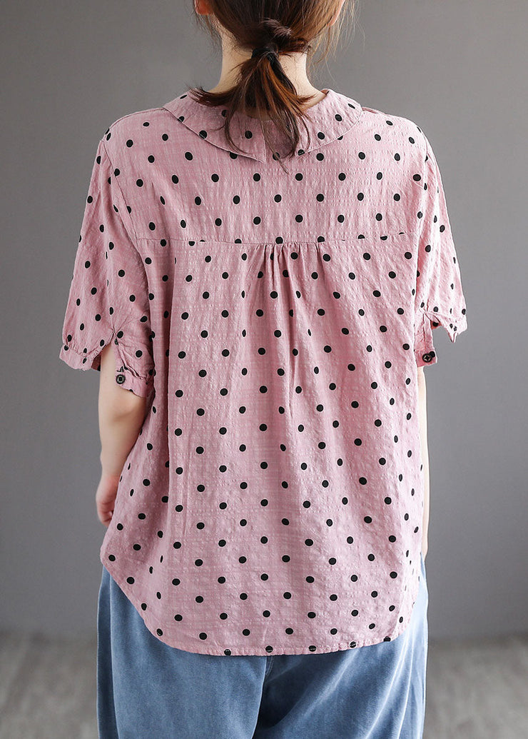 Style Pink Peter Pan Collar Print Patchwork Cotton Blouses Short Sleeve