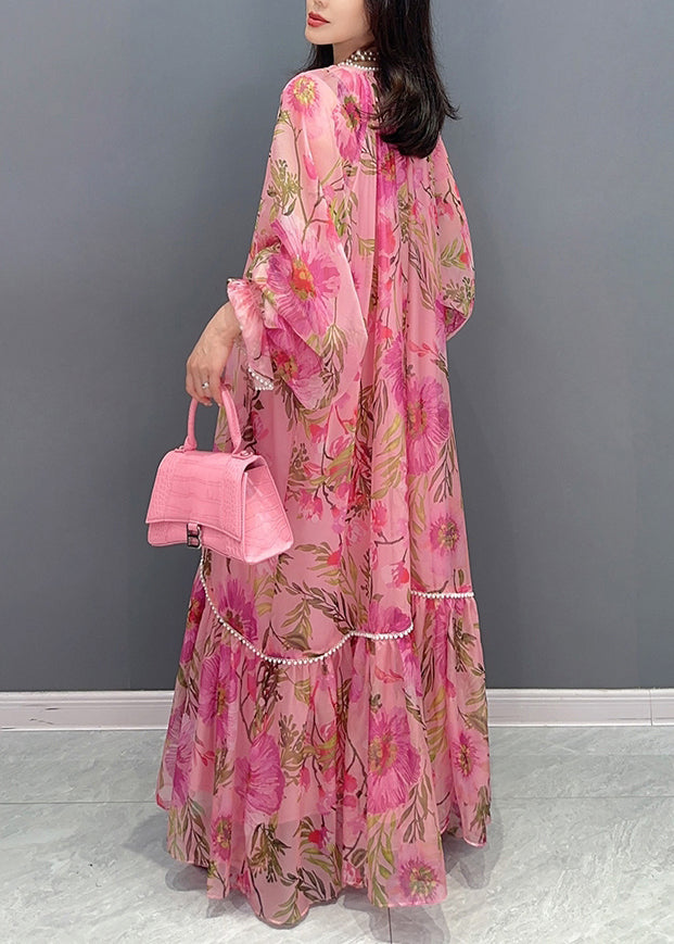 Style Pink Print Patchwork Chiffon Dress Long Sleeve