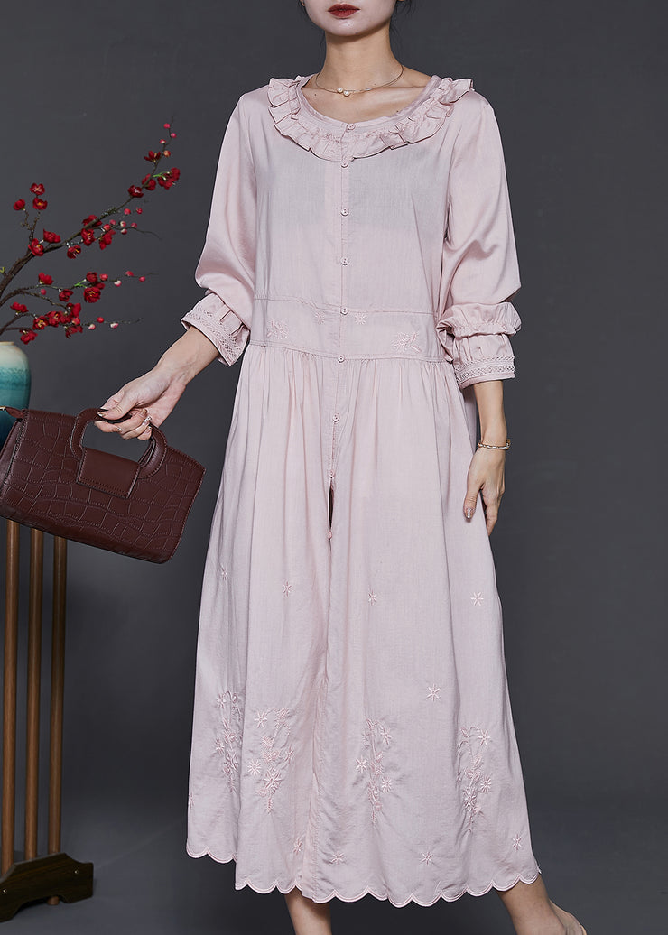 Style Pink Ruffled Embroidered Cotton Shirt Dress Spring