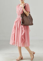 Style Pink Ruffles Elastic Waist Chiffon Dresses Summer