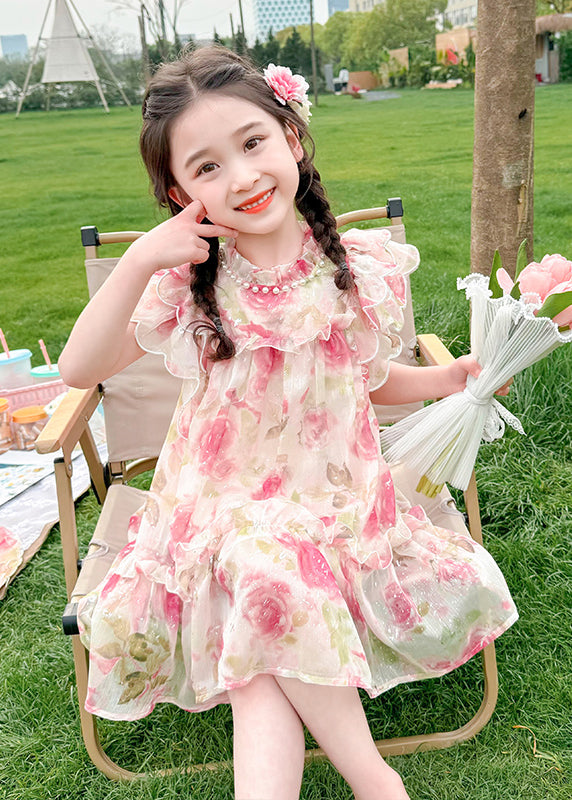 Style Pink Stand Collar Print Nail Bead Tulle Kids Mid Dress Summer