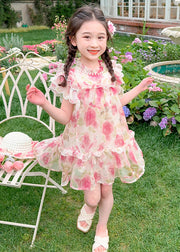 Style Pink Stand Collar Print Nail Bead Tulle Kids Mid Dress Summer