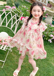 Style Pink Stand Collar Print Nail Bead Tulle Kids Mid Dress Summer