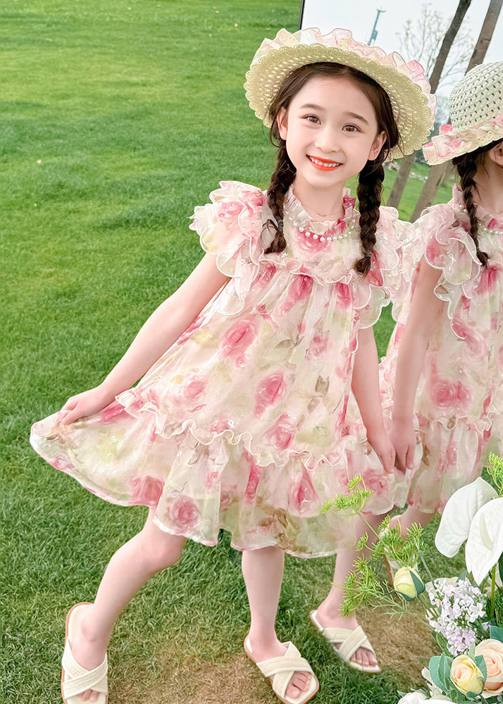 Style Pink Stand Collar Print Nail Bead Tulle Kids Mid Dress Summer