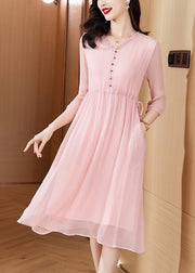 Style Pink V Neck Drawstring Chiffon Mid Dresses Summer