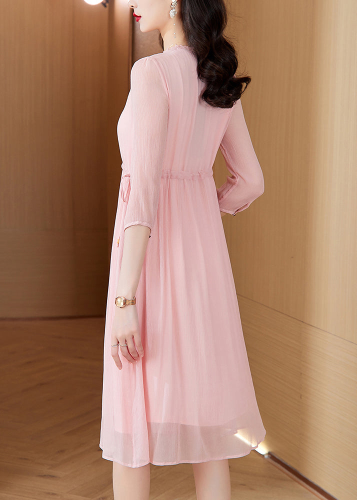 Style Pink V Neck Drawstring Chiffon Mid Dresses Summer