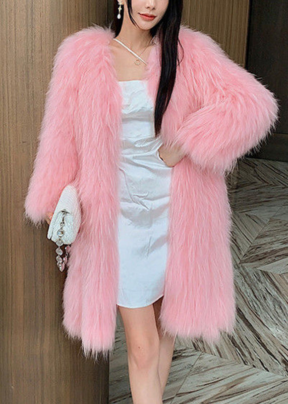 Style Pink V Neck Mink Hair Leather And Fur Long Coats Winter