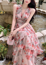 Style Pink V Neck Tie Waist Chiffon Holiday Maxi Dresses Summer