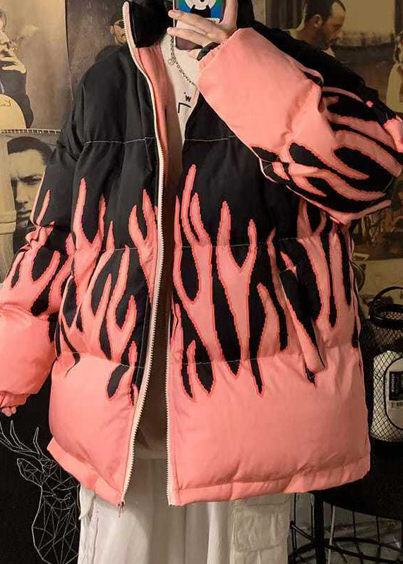 Style Pink Zip Up Pockets Patchwork Parkas Men Winter