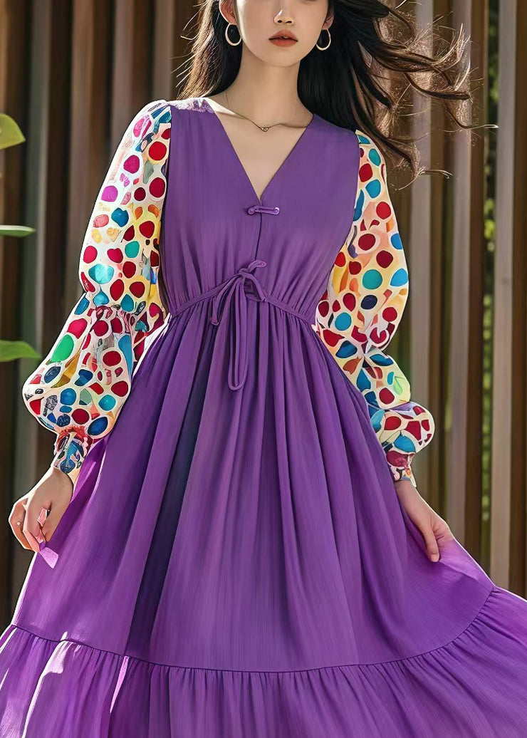 Style Purple Cinched Patchwork Print Cotton Dress Fall