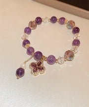 Style Purple Crystal Inlaid Gem Stone Zircon Four Leaf Clover Tassel Charm Bracelet