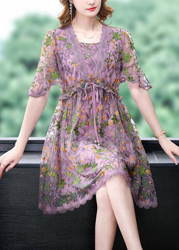 Style Purple Embroideried Lace Up Lace Maxi Dresses Summer