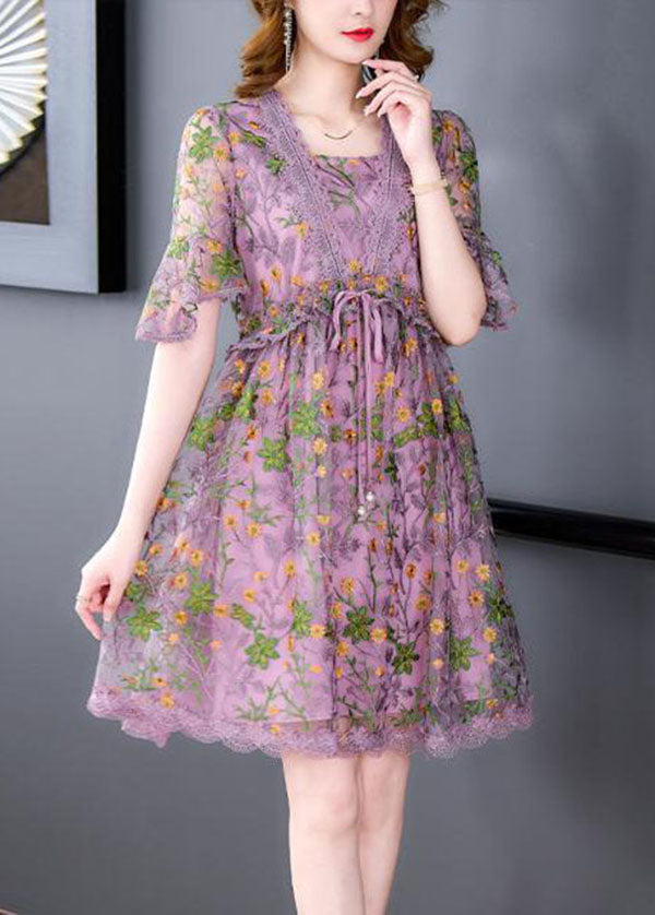 Style Purple Embroideried Lace Up Lace Maxi Dresses Summer