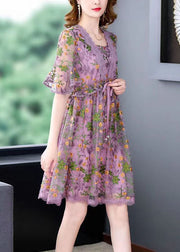 Style Purple Embroideried Lace Up Lace Maxi Dresses Summer