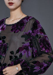 Style Purple Jacquard Hollow Out Tulle Top Spring