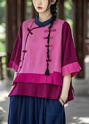 Style Purple Mandarin Collar Patchwork Linen Fake Two Piece Top Summer