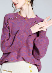 Style Purple O-Neck Nail Bead Cashmere Knit Sweaters Spring