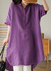 Style Purple Peter Pan Collar Button Linen Shirts Summer