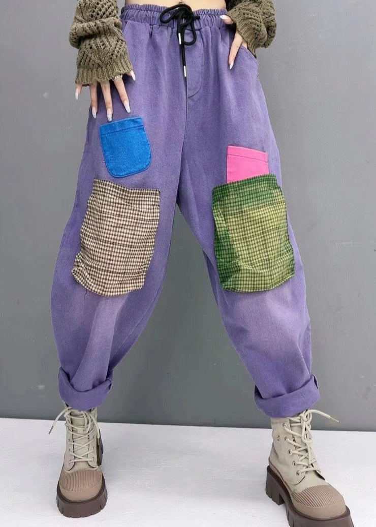 Style Purple Pockets Elastic Waist Patchwork Denim Pants Fall