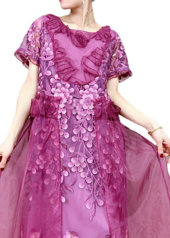 Style Purple Ruffled Floral Decorated Patchwork Tulle Dress Summer