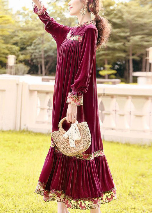 Style Purple Stand Collar Patchwork Embroideried Silk Velour Robe Dresses Spring