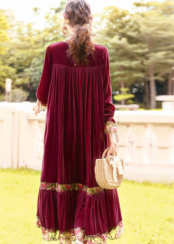 Style Purple Stand Collar Patchwork Embroideried Silk Velour Robe Dresses Spring