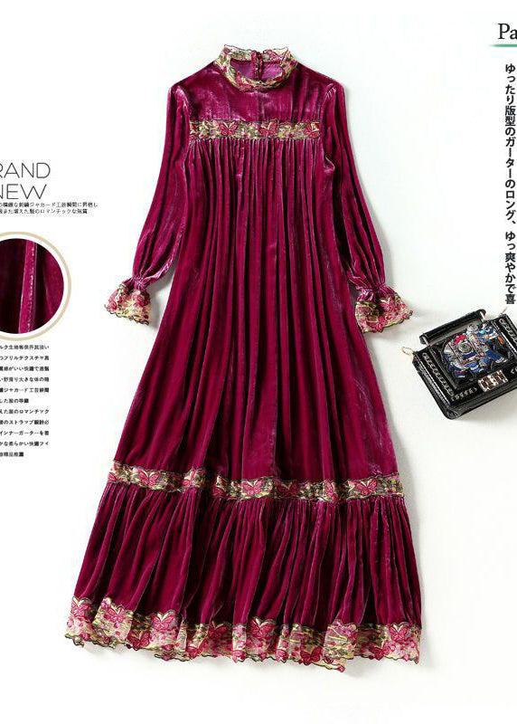 Style Purple Stand Collar Patchwork Embroideried Silk Velour Robe Dresses Spring