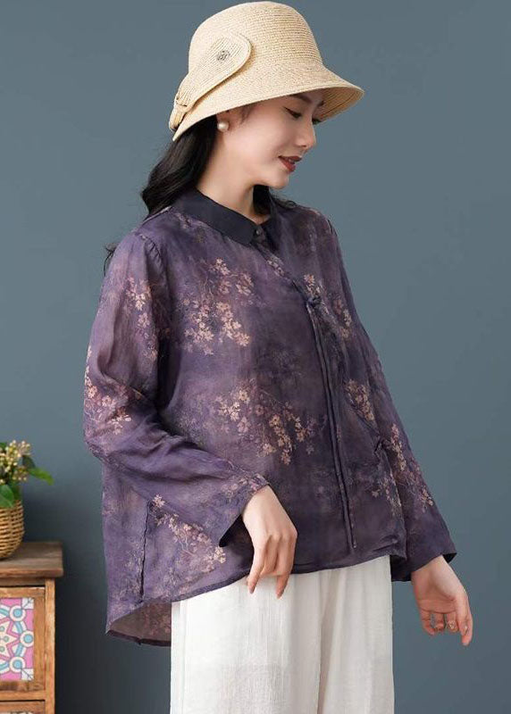 Style Purple Tasseled Print Patchwork Linen Blouse Top Long Sleeve