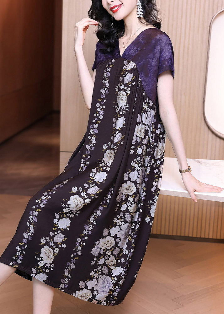 Style Purple V Neck Print Patchwork Chiffon Dress Short Sleeve