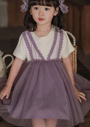 Style Purple Wrinkled Lace Patchwork False Two Pieces Tulle Baby Girls Dress Summer