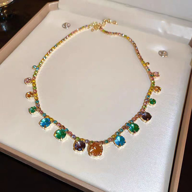 Style Rainbow Alloy Zircon Square Princess Necklace