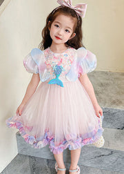 Style Rainbow Ruffled Patchwork Tulle Kids Girls Dress Summer