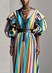 Style Rainbow Ruffled Striped Cotton Long Dress Fall