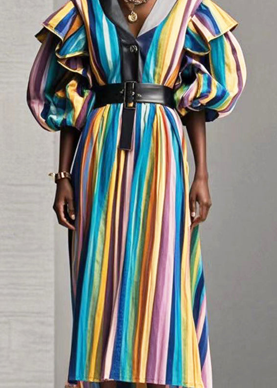 Style Rainbow Ruffled Striped Cotton Long Dress Fall