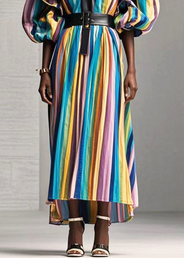 Style Rainbow Ruffled Striped Cotton Long Dress Fall